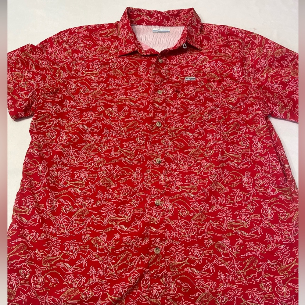 Columbia PFG Camp Shirt Men’s Size Large Red Fish Print Vented Short Sleeve